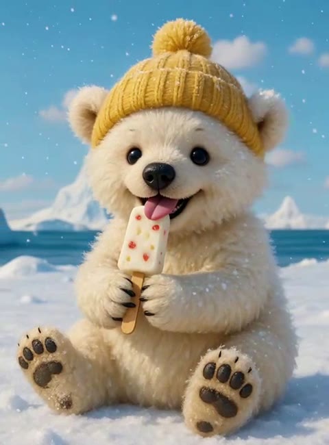 黄色いニット帽をかぶり、アイスを持つシロクマの子の動画