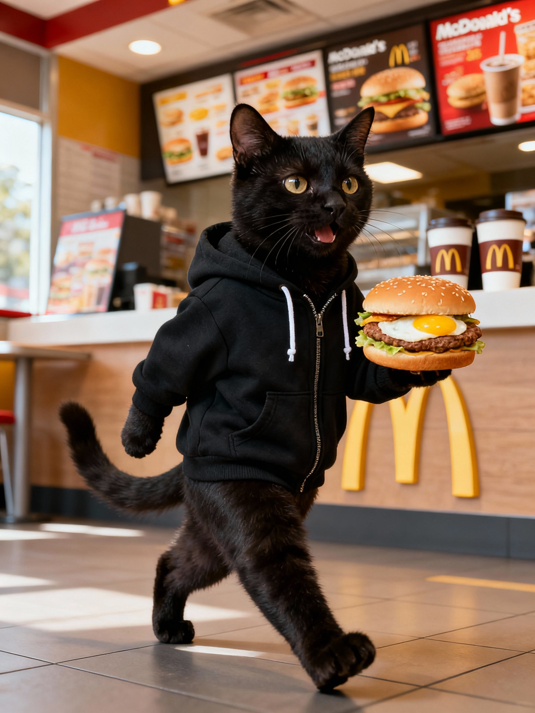 バーガーを持って店内を歩く、黒いパーカー姿の最初の黒猫キャラクター