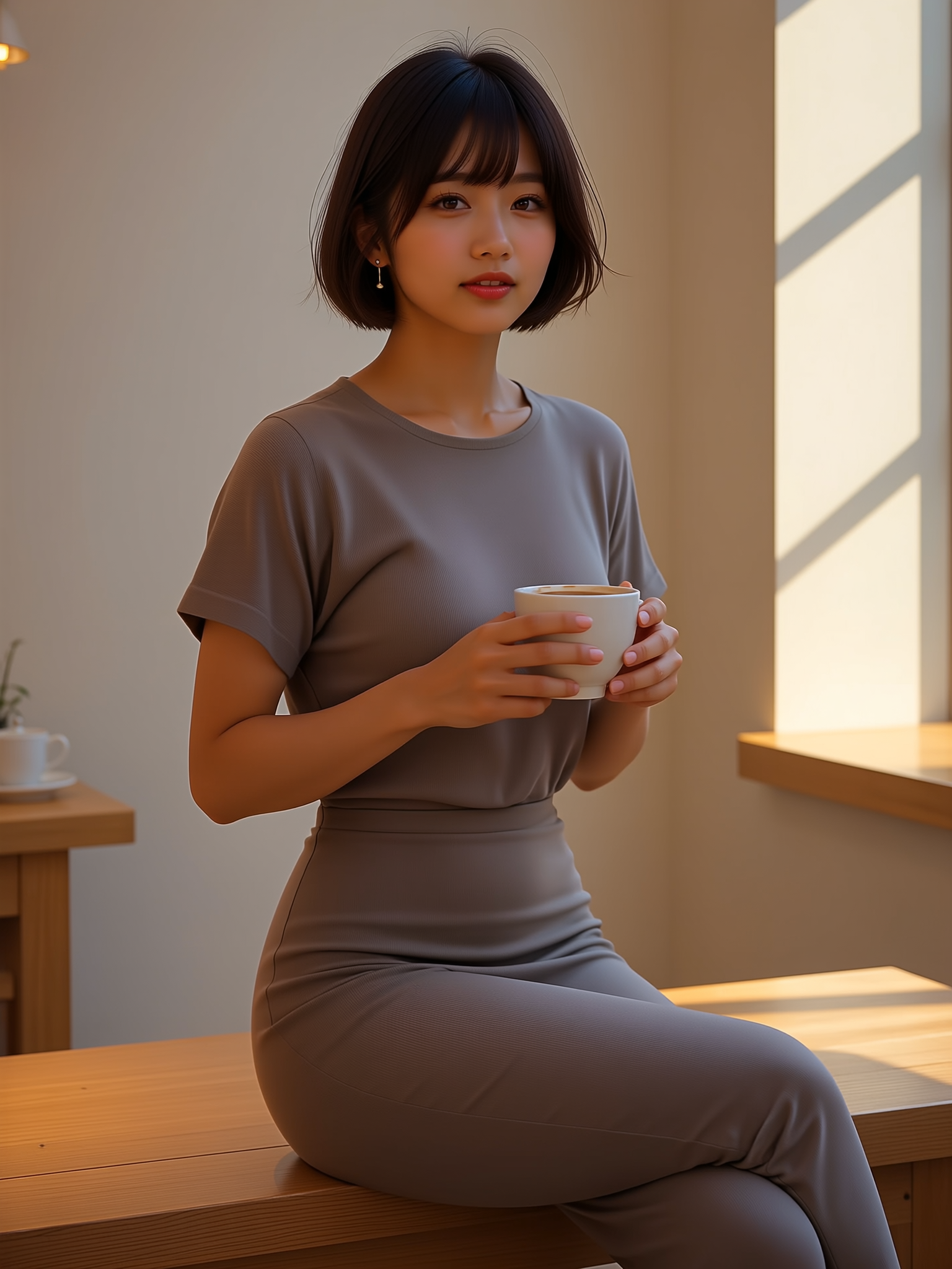 日差しの入る窓辺に座り、マグカップを持つみゆ