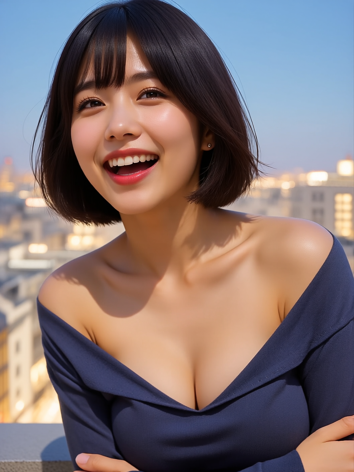 街の夕景を背景に、紺色の服で笑顔を見せるみゆ